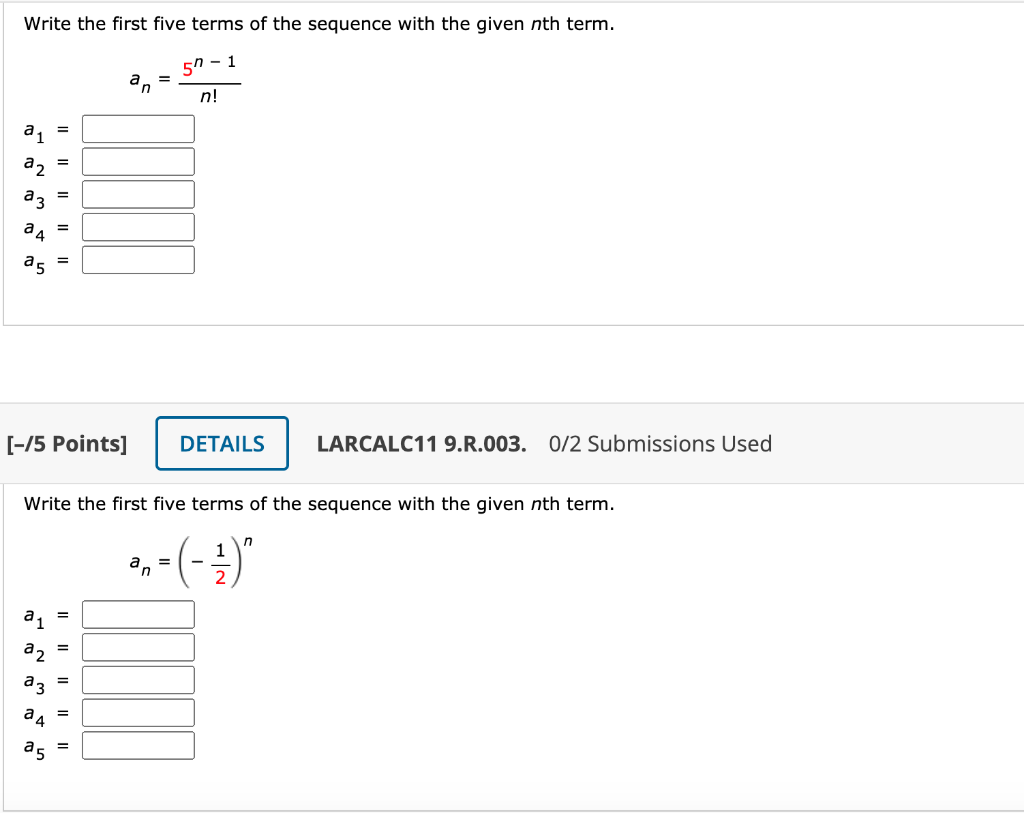 Solved Write the first five terms of the sequence with the | Chegg.com