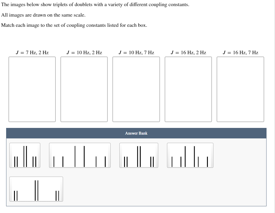 The images below show triplets of doublets with a variety of different coupling constants.
All images are drawn on the same s