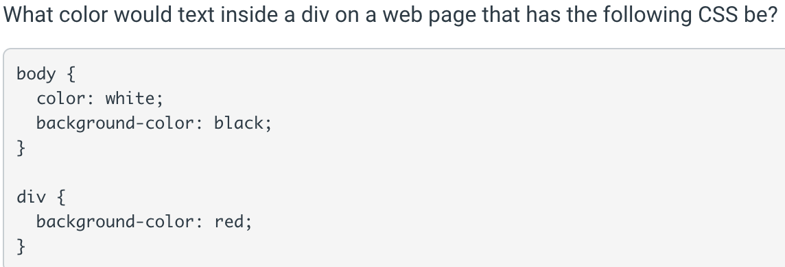 Solved What color would text inside a div on a web page that | Chegg.com