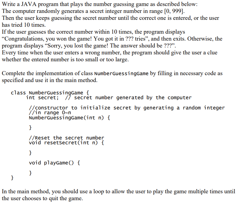 Solved Write a JAVA program that plays the number guessing | Chegg.com