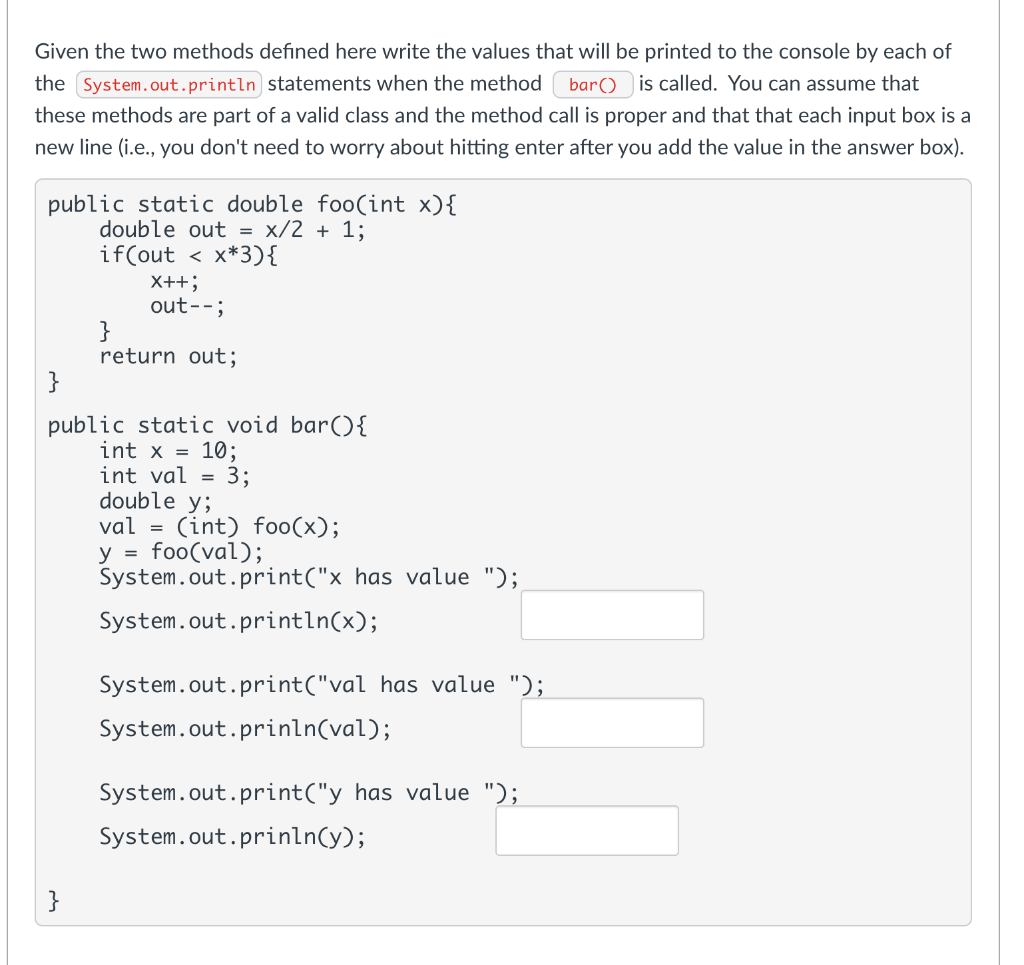 Solved Given the two methods defined here write the values | Chegg.com