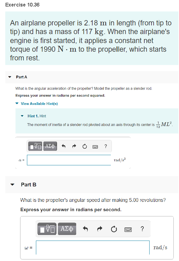 Solved Exercise 10.36 An airplane propeller is 2.18 m in | Chegg.com