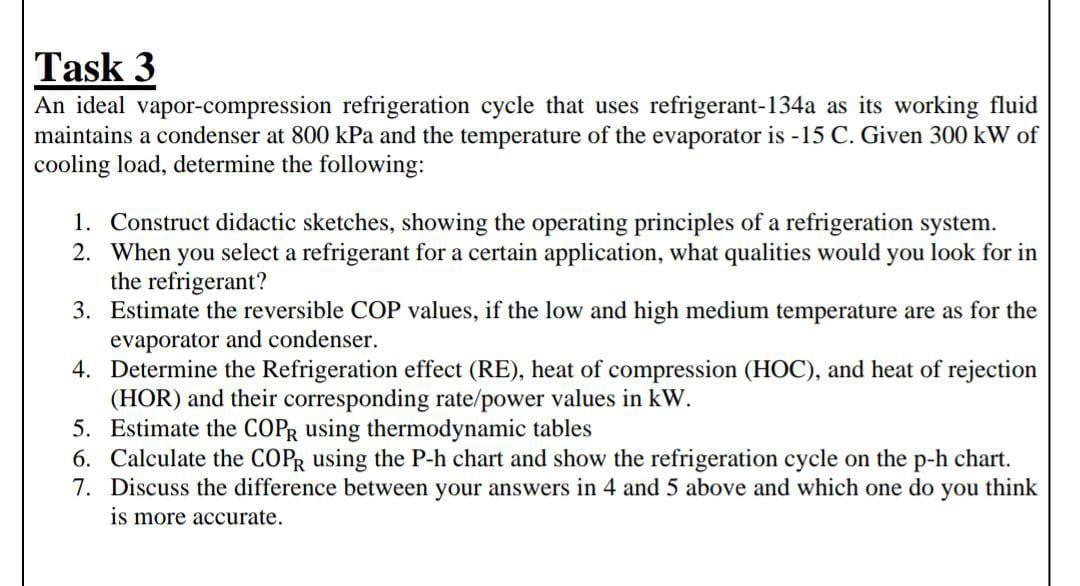 Solved Task 3 An Ideal Vapor-compression Refrigeration Cycle | Chegg.com