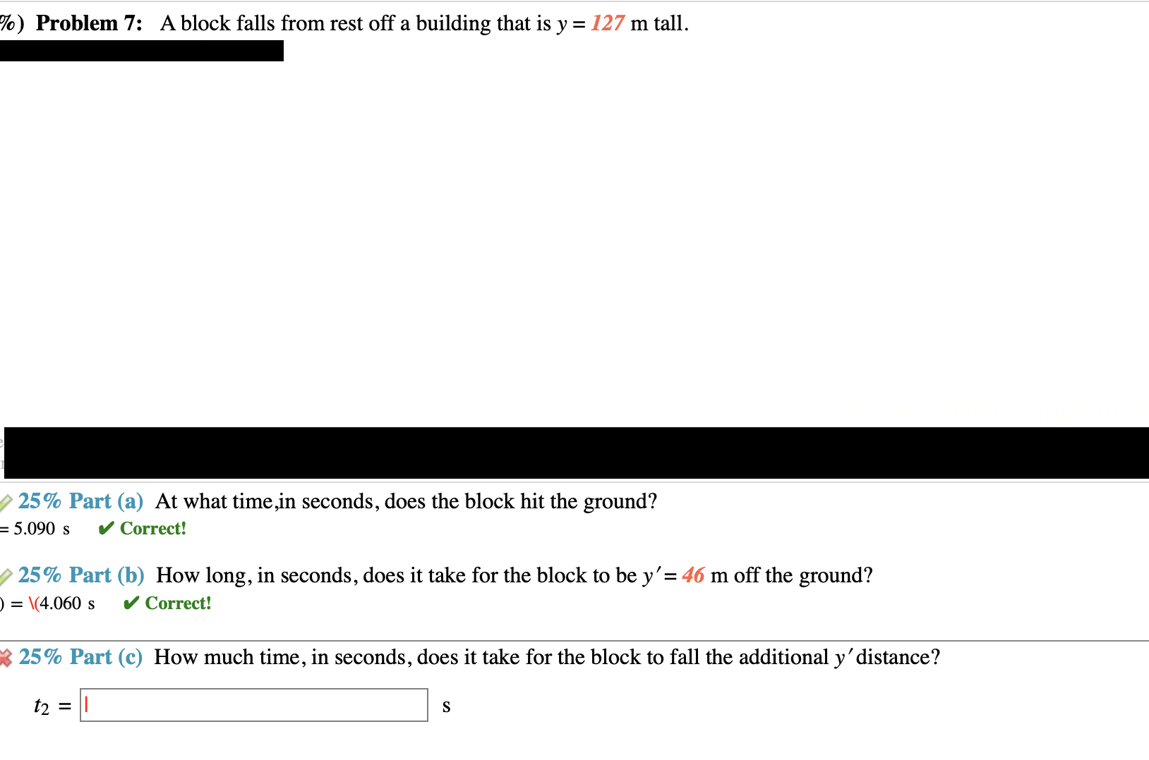 Solved \%) Problem 7: A block falls from rest off a building | Chegg.com