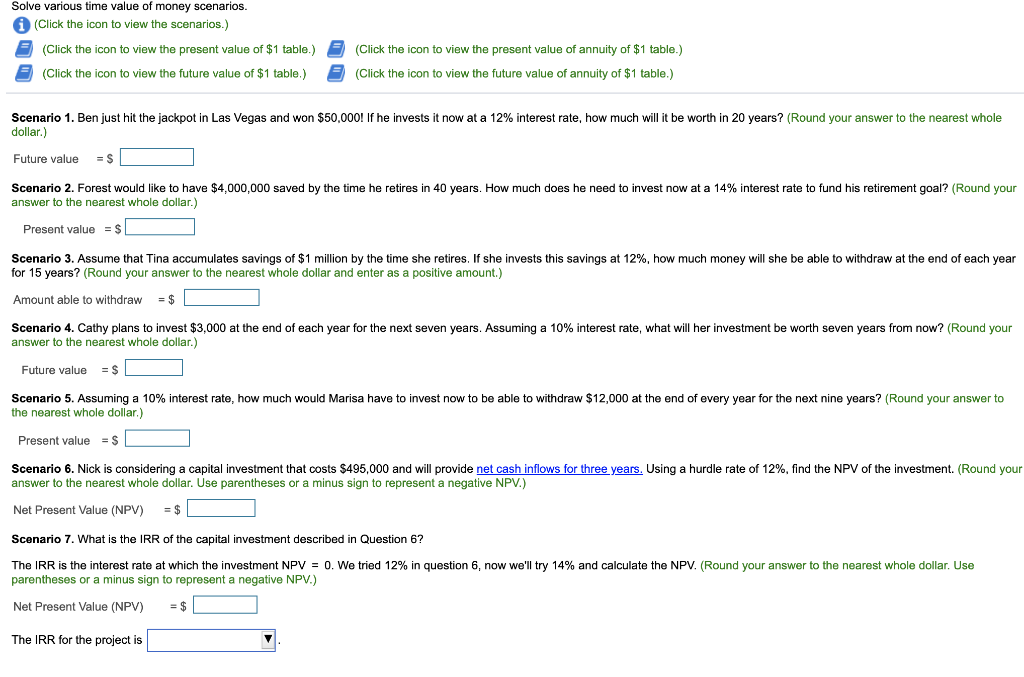 Solved Solve various time value of money scenarios (Click | Chegg.com