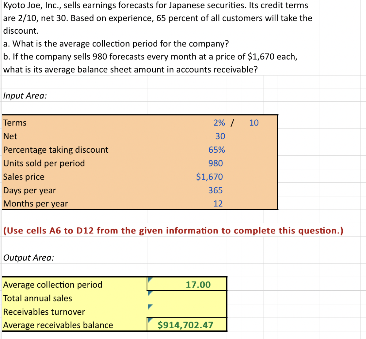 Solved (Use Cells A6 ﻿to D12 ﻿from The Given Information To | Chegg.com