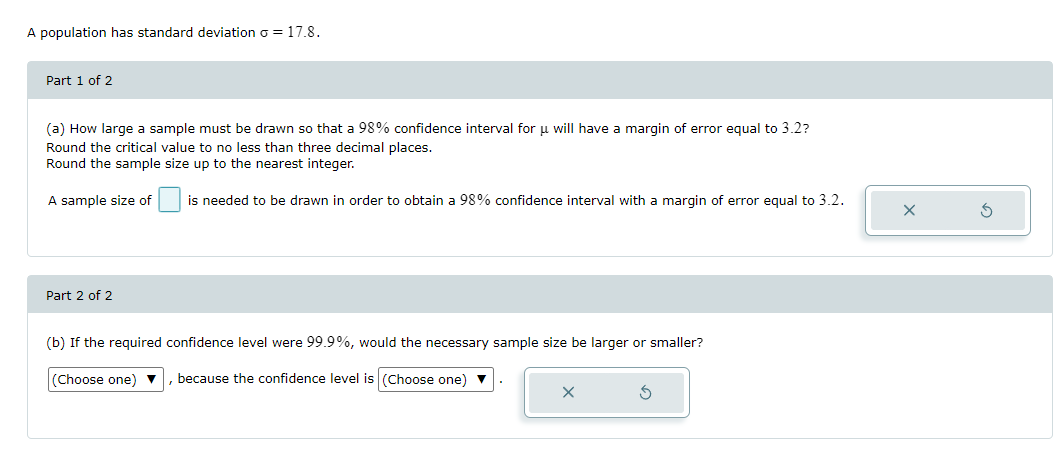 Solved A population has standard deviation σ=17.8. Part 1 of | Chegg.com
