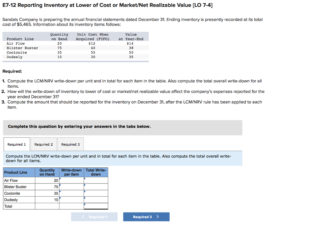 Solved E7-12 Reporting Inventory at Lower of Cost or | Chegg.com