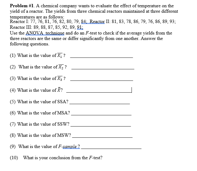 Solved Problem #1. A chemical company wants to evaluate the | Chegg.com