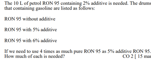 Solved The 10 L Of Petrol Ron 95 Containing 2 Additive I Chegg Com