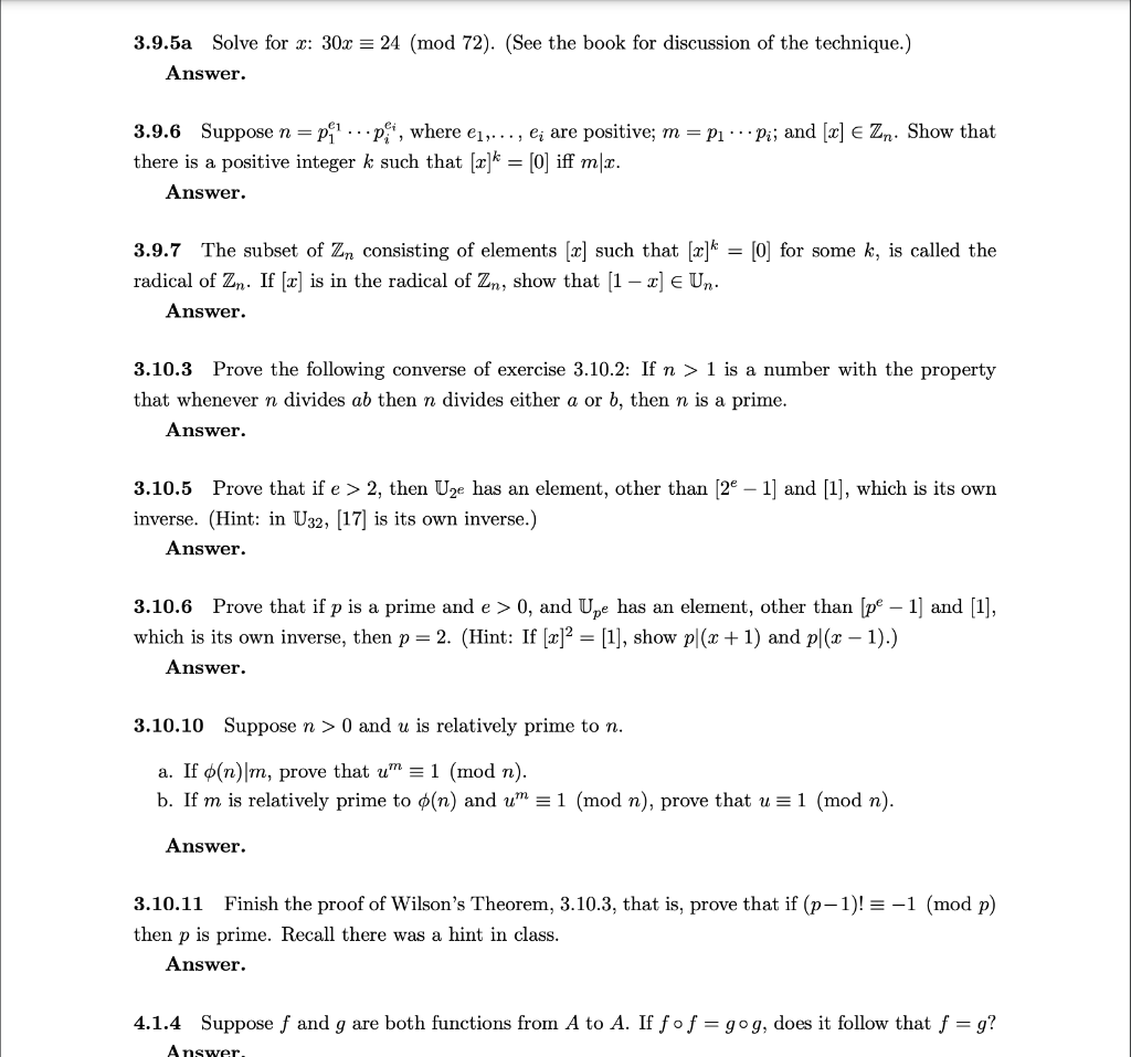 Solved 3.9.5a Solve for x:30x≡24(mod72). (See the book for | Chegg.com