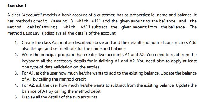 Solved Exercise 1 A class "Account" models a bank account of | Chegg.com