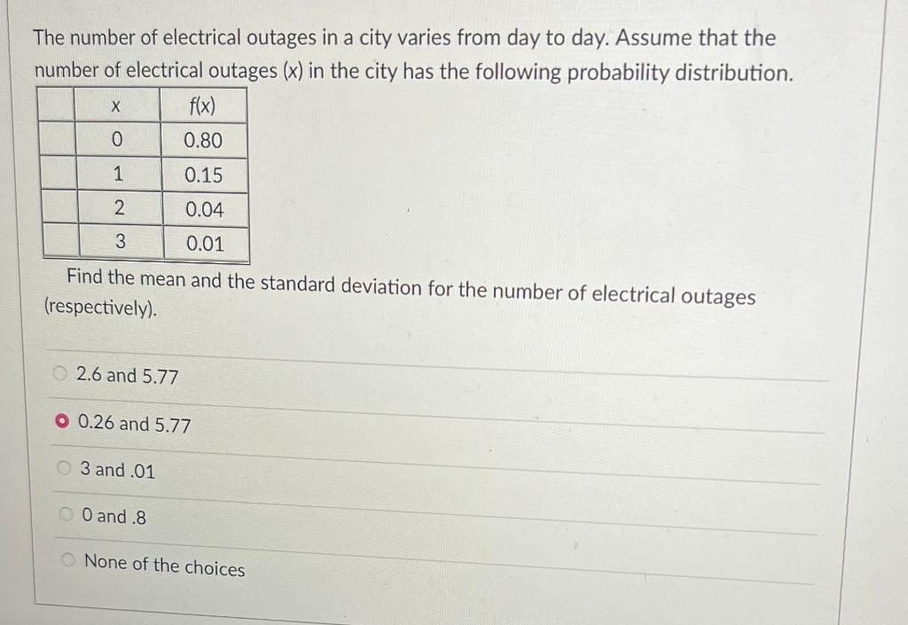 Solved The number of electrical outages in a city varies | Chegg.com