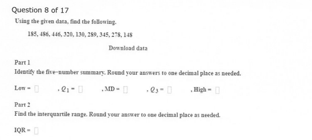 Solved Question 8 of 17 Using the given data, find the | Chegg.com