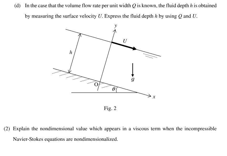 (d) In the case that the volume flow rate per unit width \( Q \) is known, the fluid depth \( h \) is obtained by measuring t