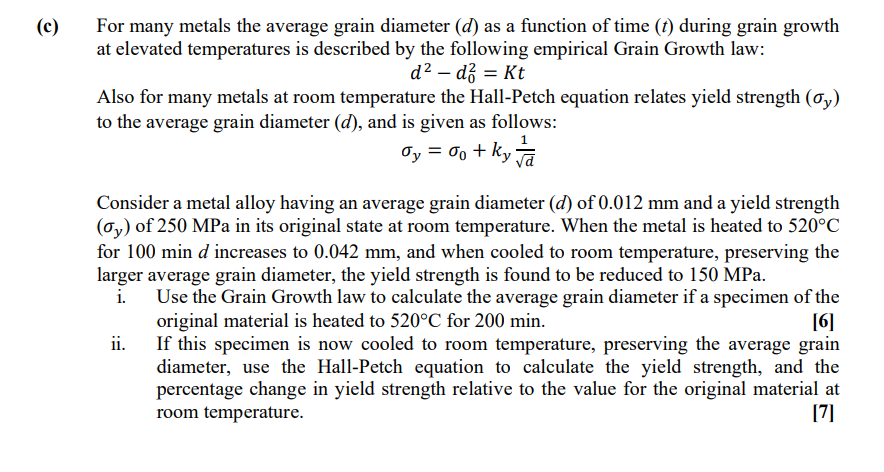 Solved For many metals the average grain diameter (d) as a | Chegg.com