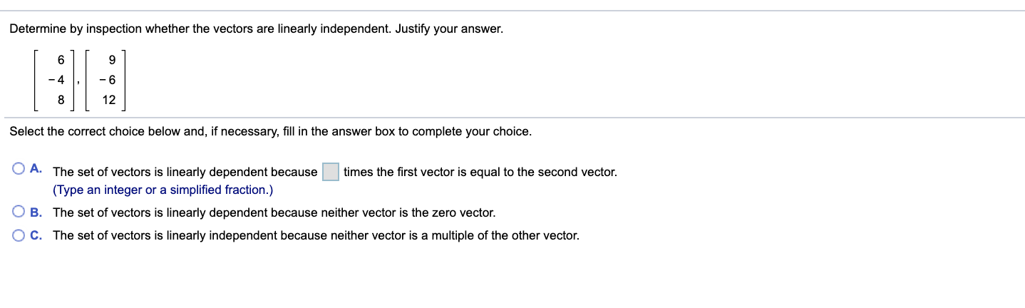 Solved Determine by inspection whether the vectors are | Chegg.com
