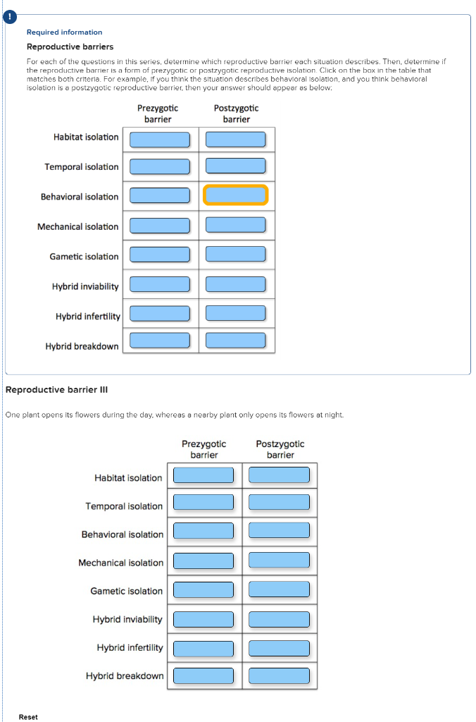 Solved Required Information Reproductive Barriers For Each | Chegg.com Solved Required Information Reproductive Barriers For Each | Chegg.com