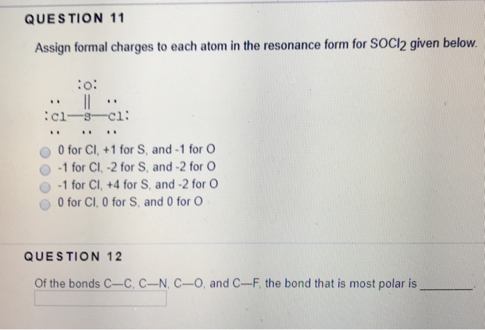assign formal charges to each atom in the resonance form for socl2