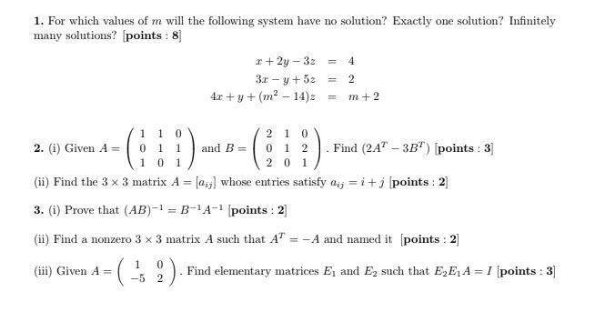 Solved 1. For which values of m will the following system | Chegg.com