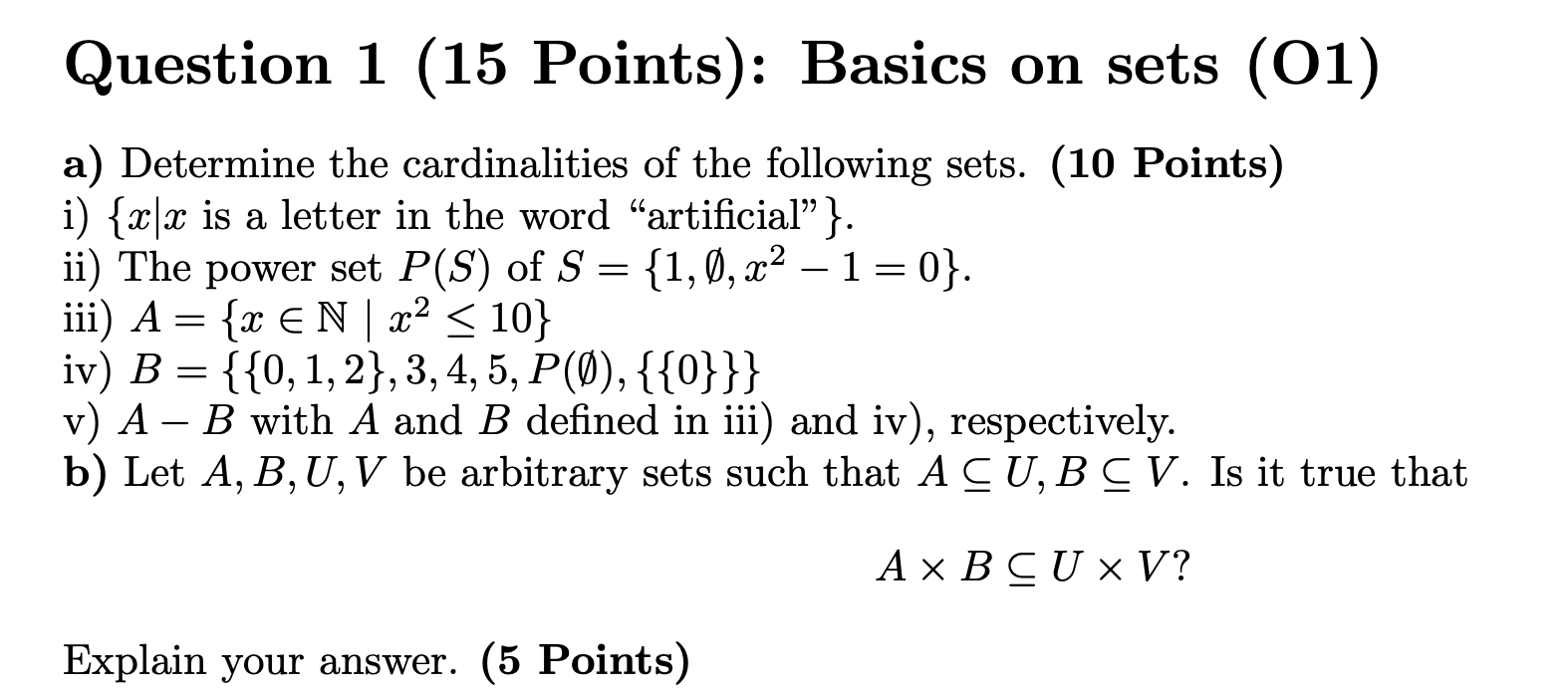 Solved Question 1 15 Points Basics On Sets O1 A