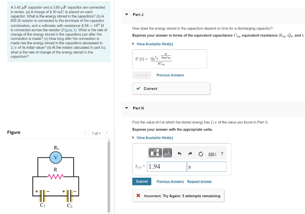 Solved Part 6 Find the stored energy at t = 0. Express your