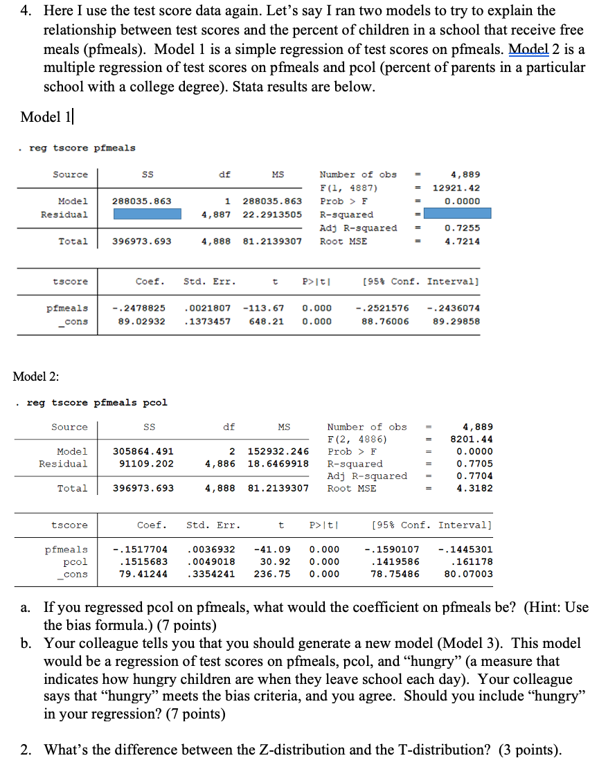 4. Here I use the test score data again. Let's say I | Chegg.com
