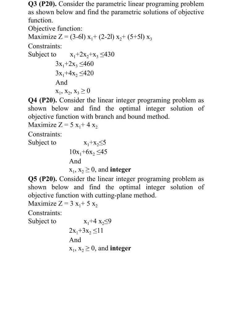 Solved Q3 (P20). Consider the parametric linear programing | Chegg.com