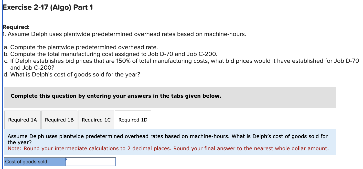 Solved Exercise 2-17 (Algo) Plantwide and Departmental | Chegg.com