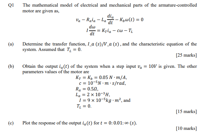 Solved Q1 (a) a The mathematical model of electrical and | Chegg.com