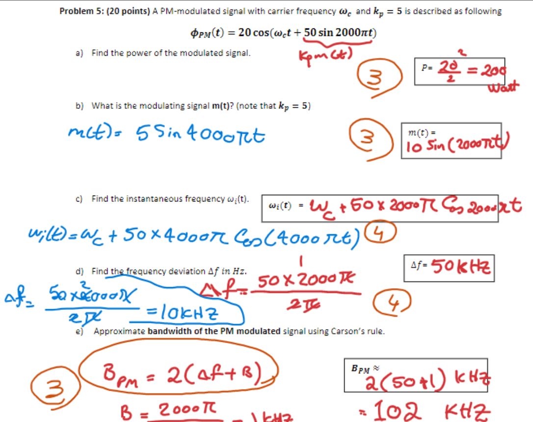 Solved = Problem 5: (20 points) A PM-modulated signal with | Chegg.com
