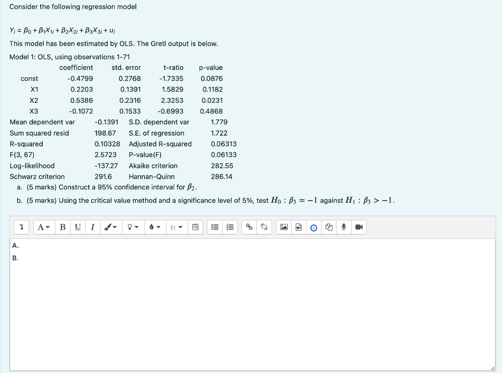 Solved Consider The Following Regression Model Y; = Bo + | Chegg.com