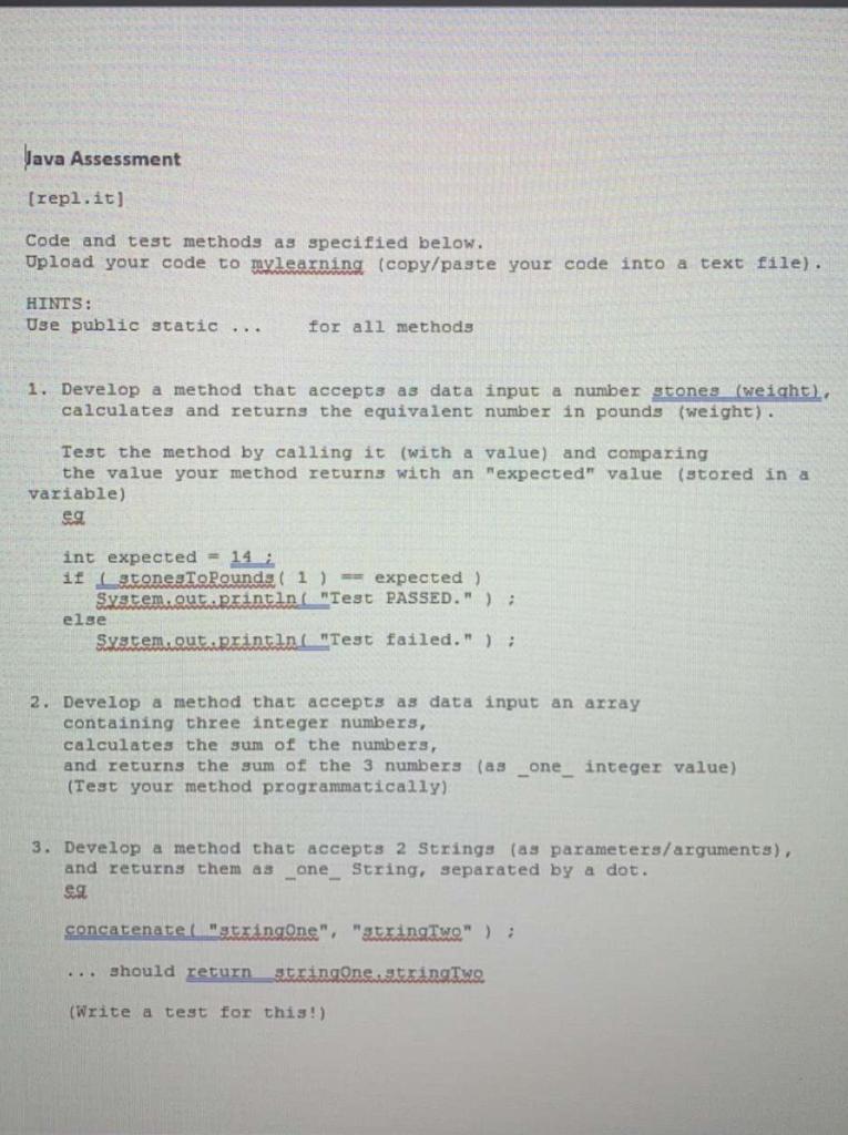 Solved Java Assessment [repl.it] Code and test methods as | Chegg.com