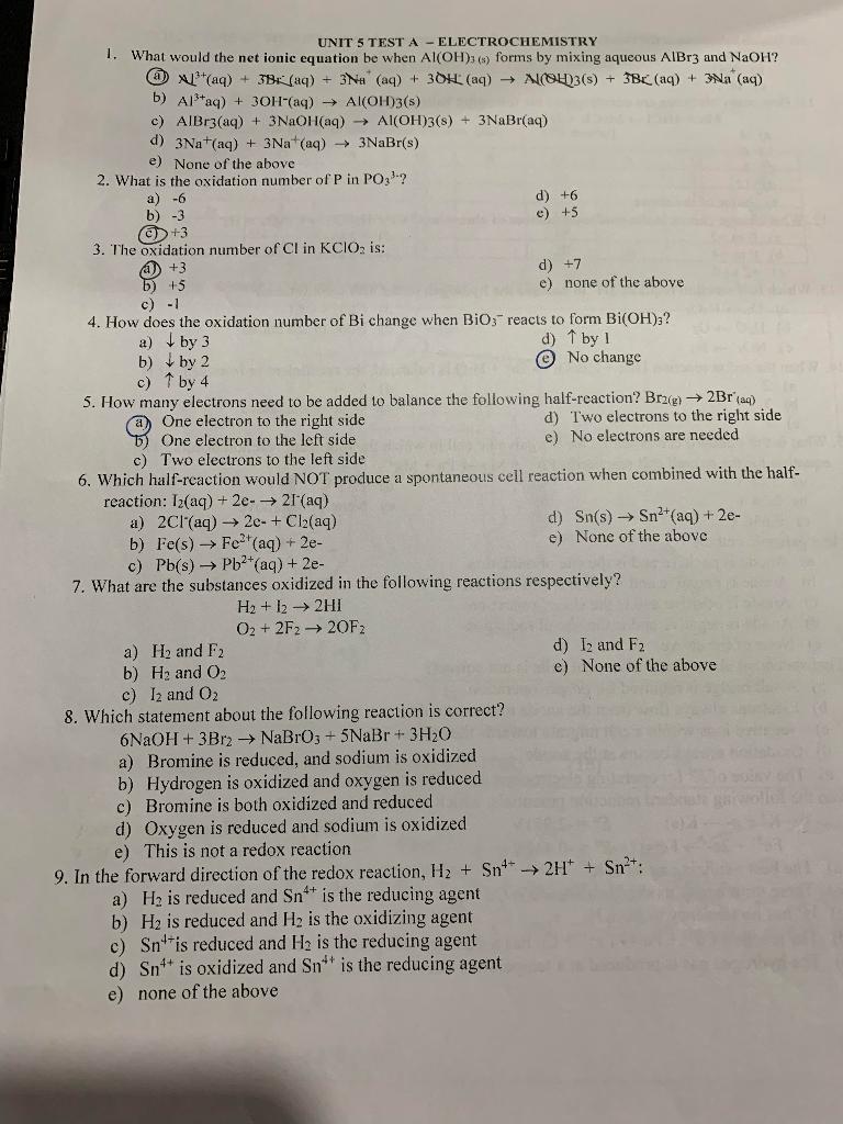 Solved UNIT 5 TEST A - ELECTROCHEMISTRY 1. What would the | Chegg.com