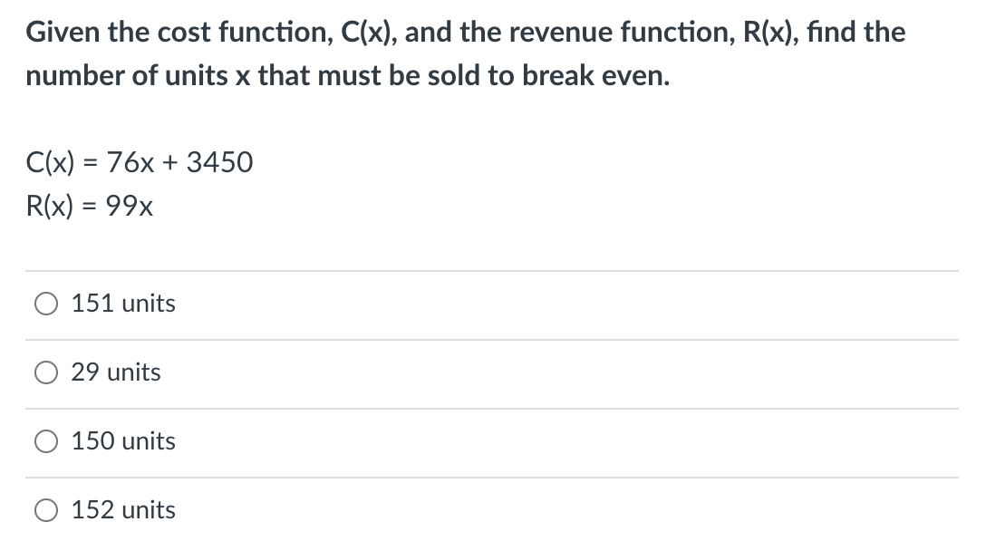 Solved Given the cost function, C(x), and the revenue | Chegg.com