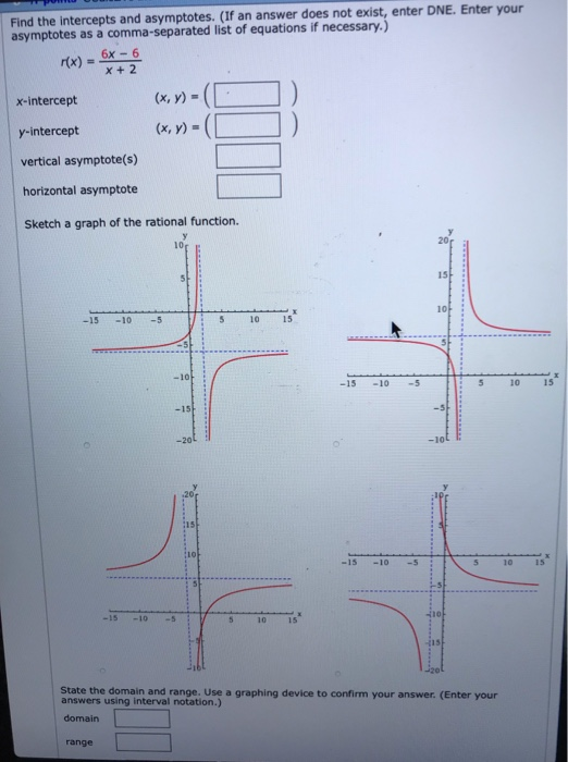 Solved Find the intercepts and asymptotes. (If an answer | Chegg.com