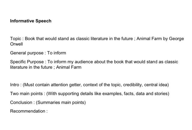 Informative Speech Topic: Book that would stand as 