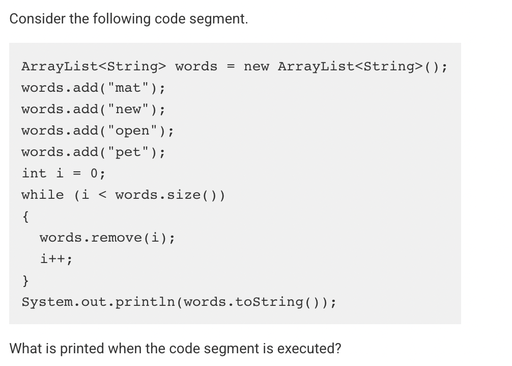 A List Code Segment Example Solved Consider the following code segment.```ArrayList | Chegg.com