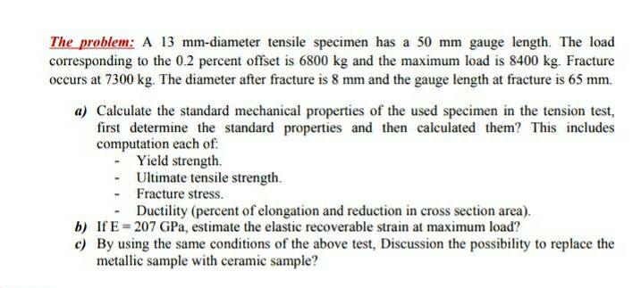 Solved The problem: A 13 mm-diameter tensile specimen has a | Chegg.com