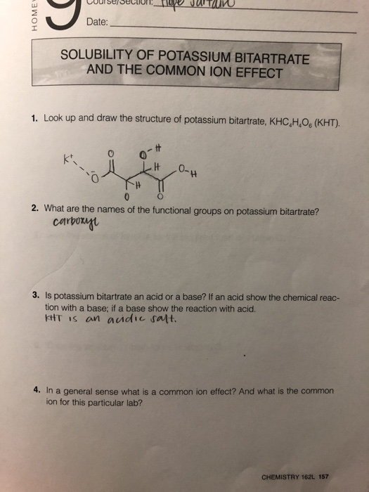 Solved Date SOLUBILITY OF POTASSIUM BITARTRATE AND THE