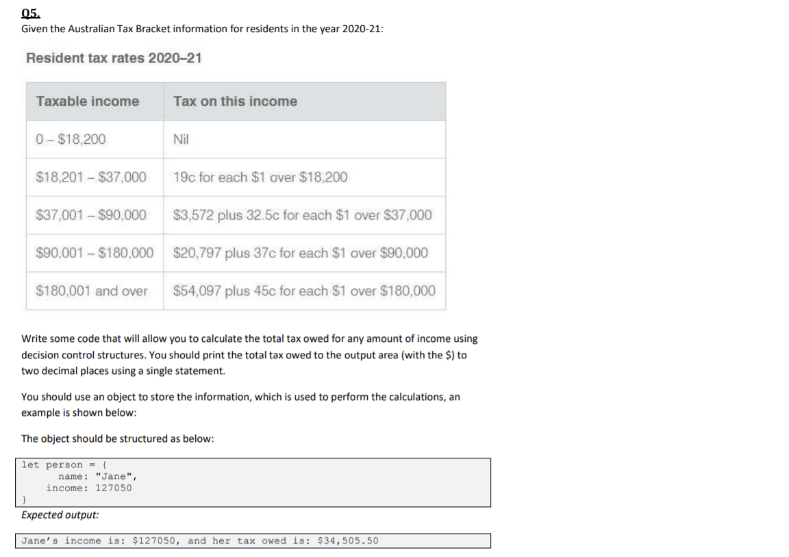 Solved 05. Given the Australian Tax Bracket information for | Chegg.com