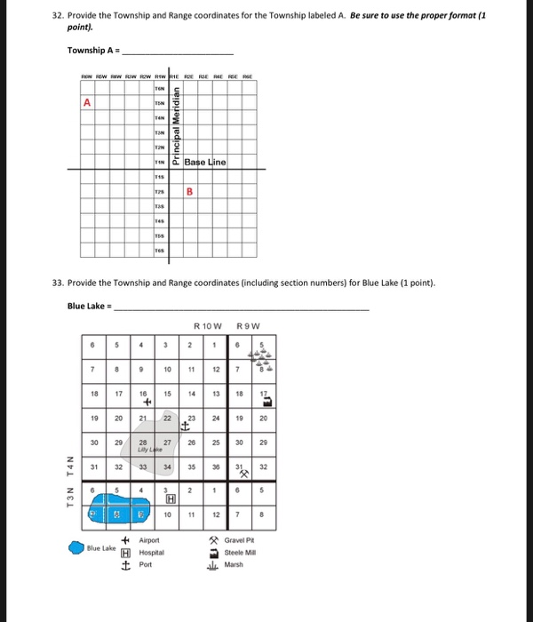 Solved 32. Provide the Township and Range coordinates forthe | Chegg.com