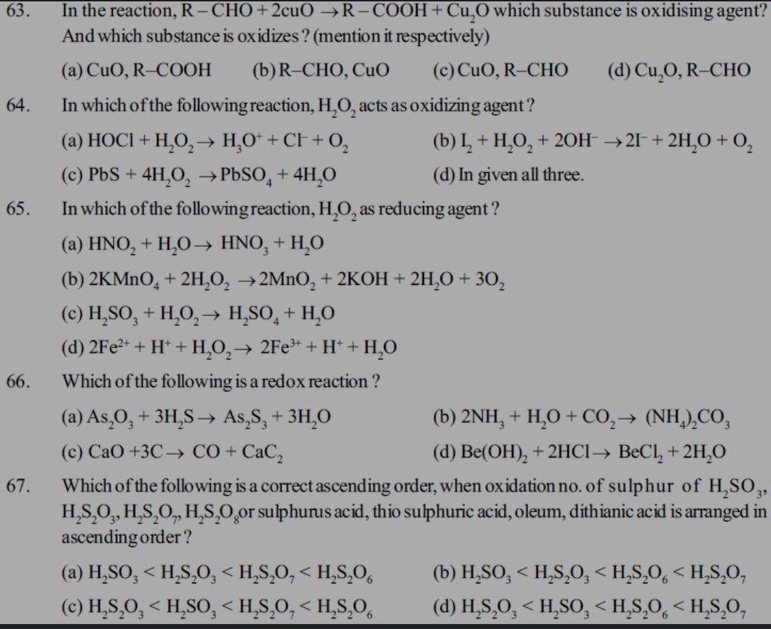 Solved 63. 64. 65. + In the reaction, R-CHO+2cu →R-COOH + Cu | Chegg.com