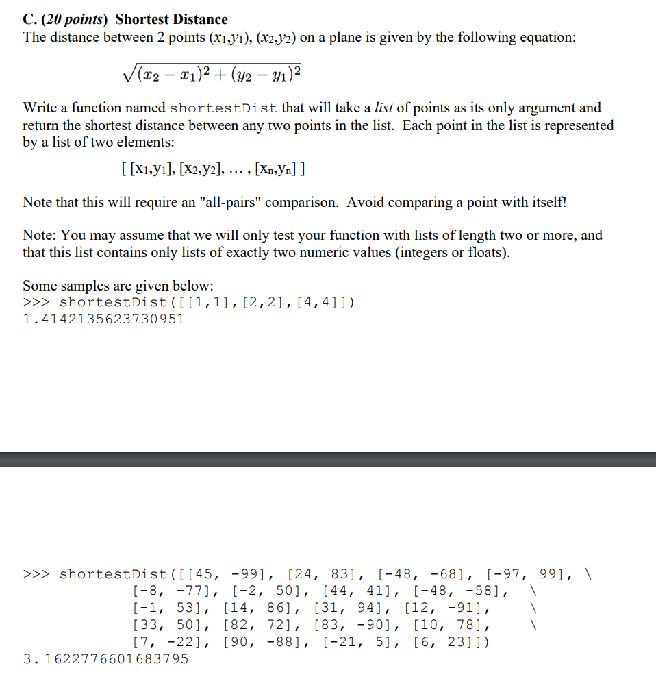 Solved C. (20 points) Shortest Distance The distance between | Chegg.com