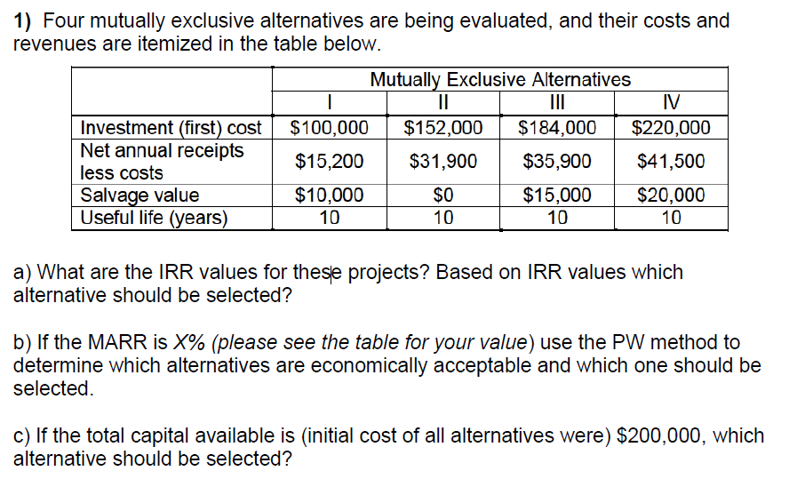 Solved 1) Four Mutually Exclusive Alternatives Are Being | Chegg.com