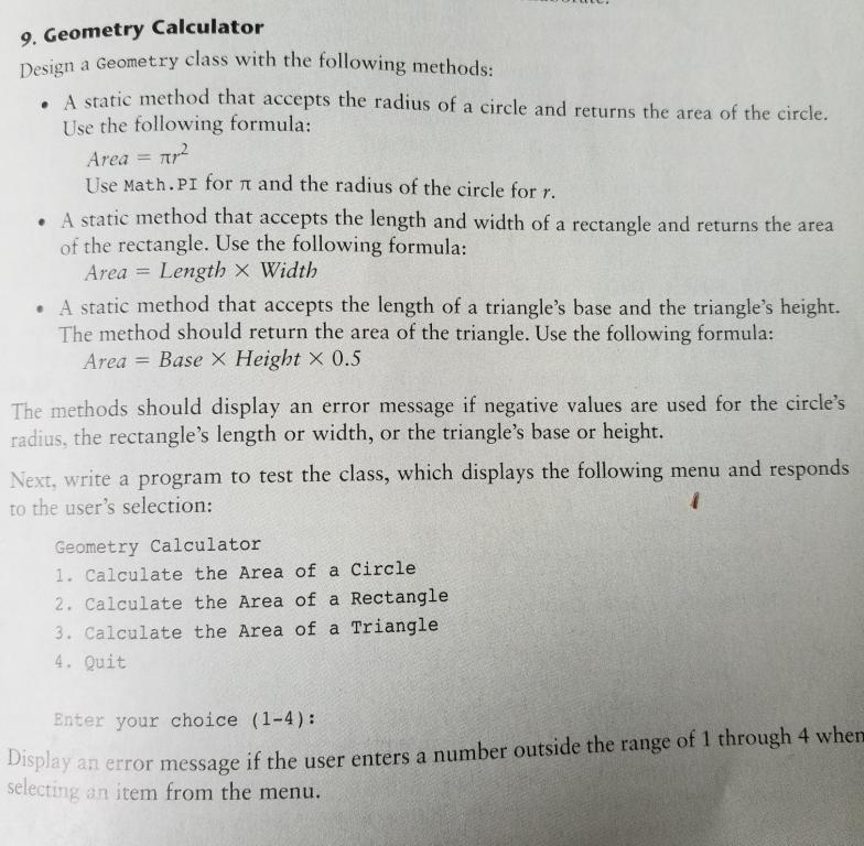 Solved 9. Geometry Calculator Design a Geometry class with | Chegg.com
