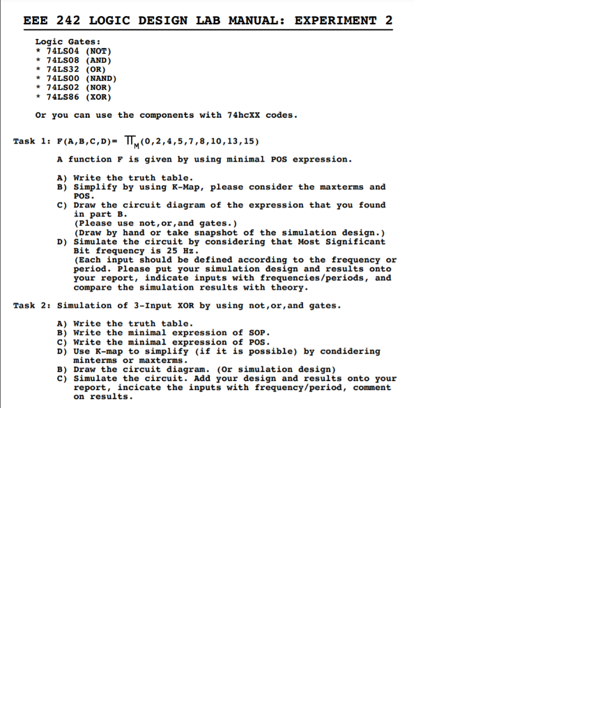 Solved EEE 242 LOGIC DESIGN LAB MANUAL: EXPERIMENT 2 Logic | Chegg.com