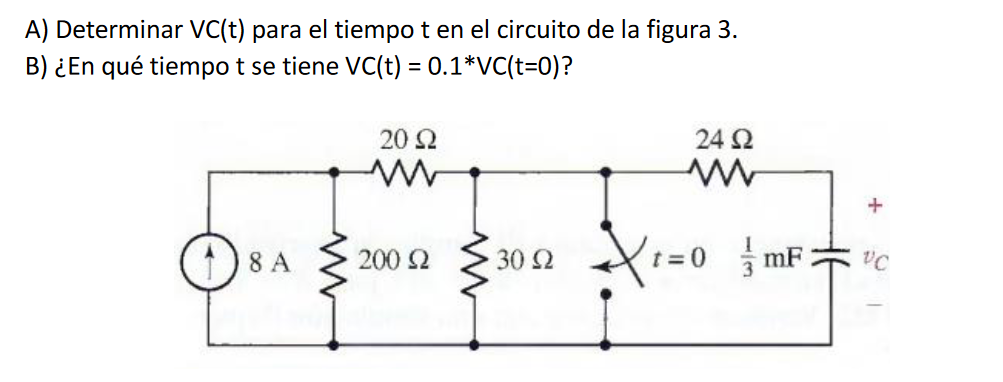 A) Determinar \( \mathrm{VC}(\mathrm{t}) \) para el tiempo t en el circuito de la figura 3. B) ¿En qué tiempo \( \mathrm{t} \