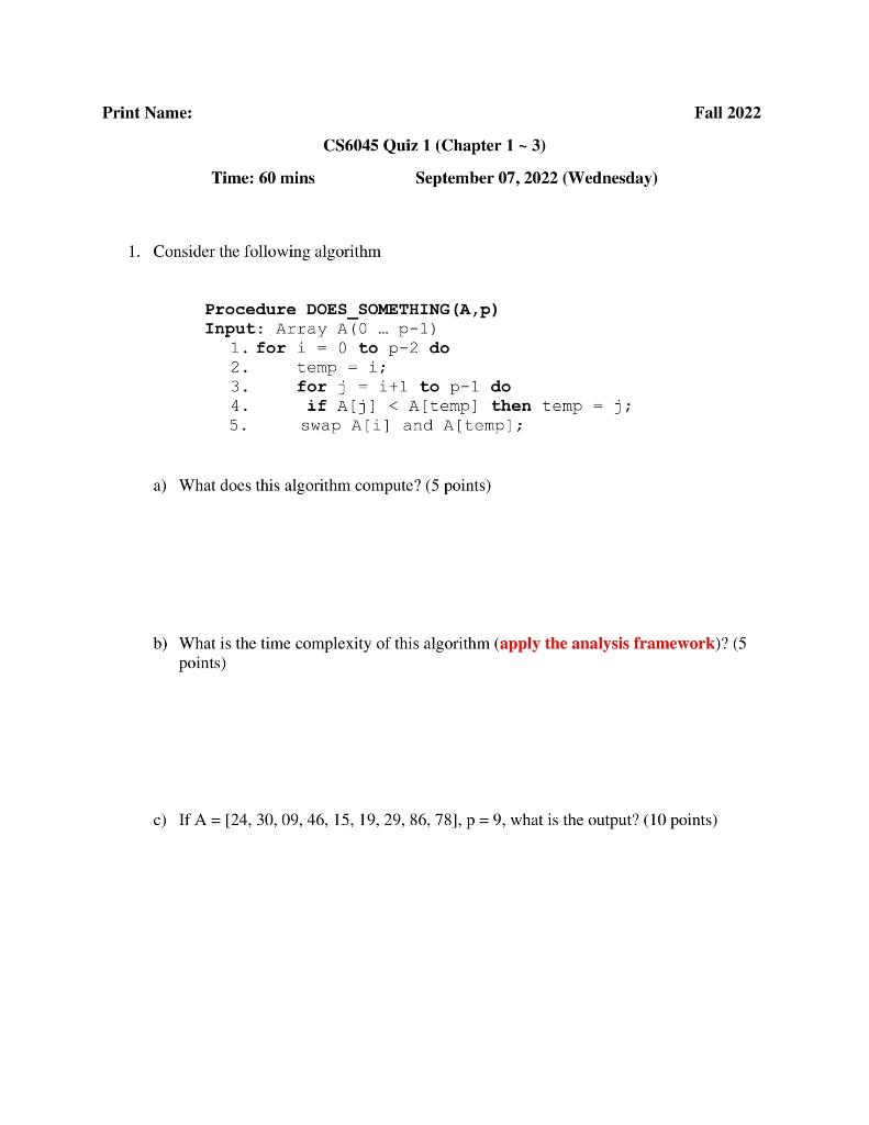 Solved 1. Consider The Following Algorithm Procedure | Chegg.com