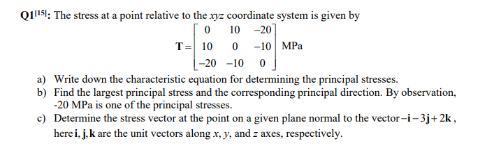 Solved Q1/151: The stress at a point relative to the xyz | Chegg.com